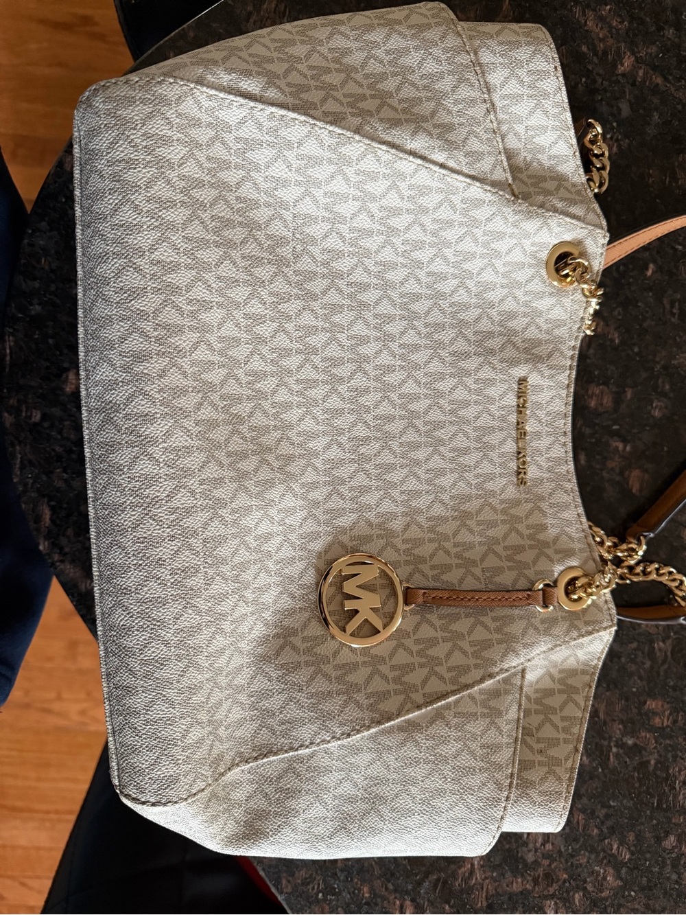 Michael Kors Cream Logo Shoulder Tote with Gold Hardware